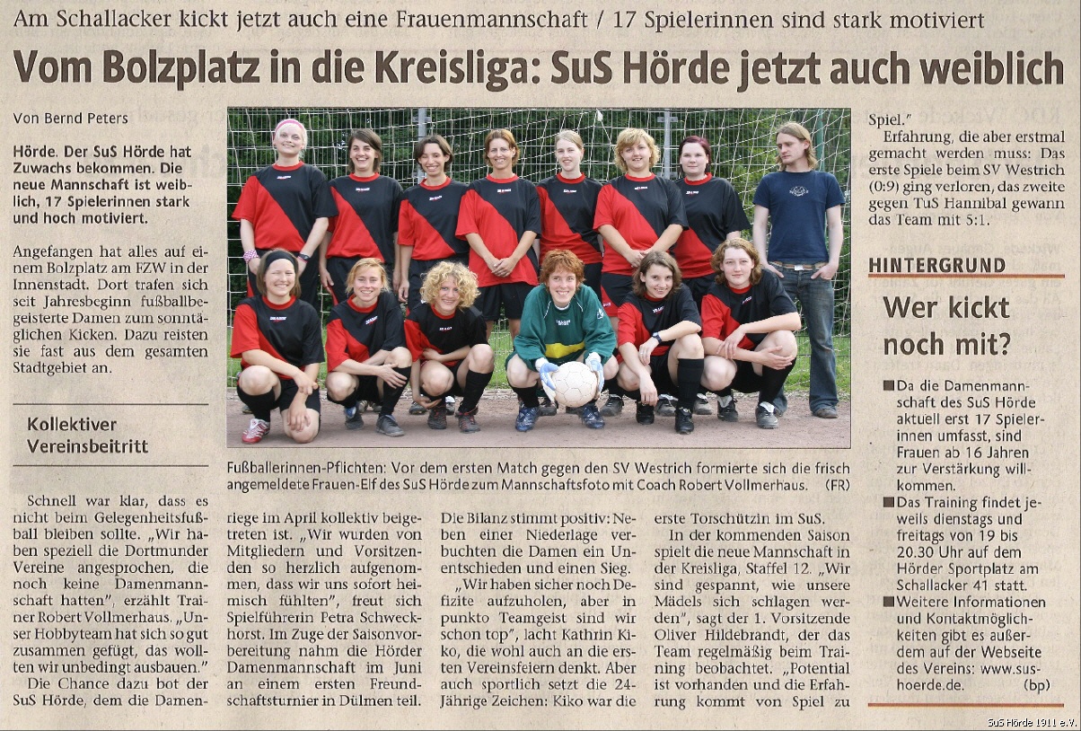 08/2007: Vom Bolzplatz in die Kreisliga: SuS H�rde jetzt auch weiblich (WR)